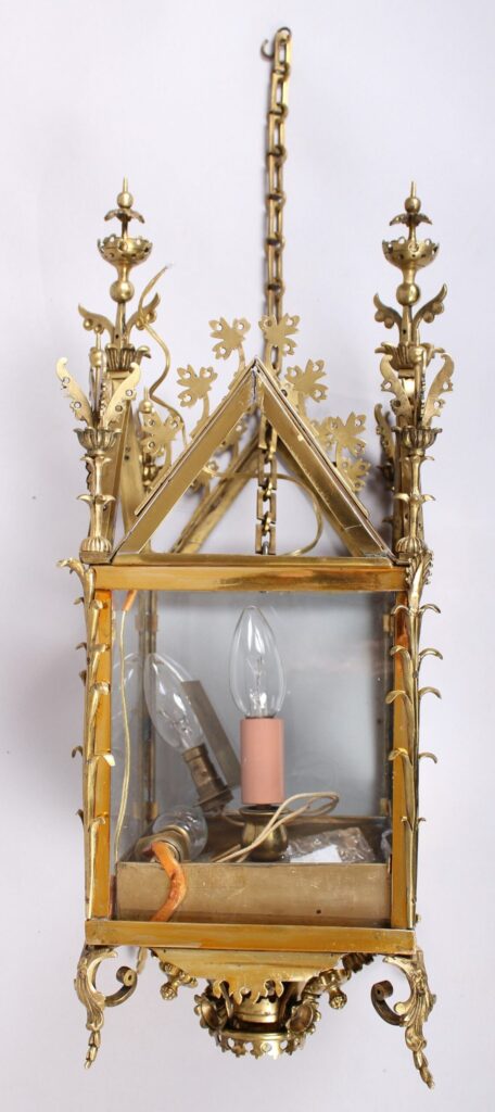 Decorative lacquered-brass hall-lantern in the Gothic style;  possibly Edwardian
