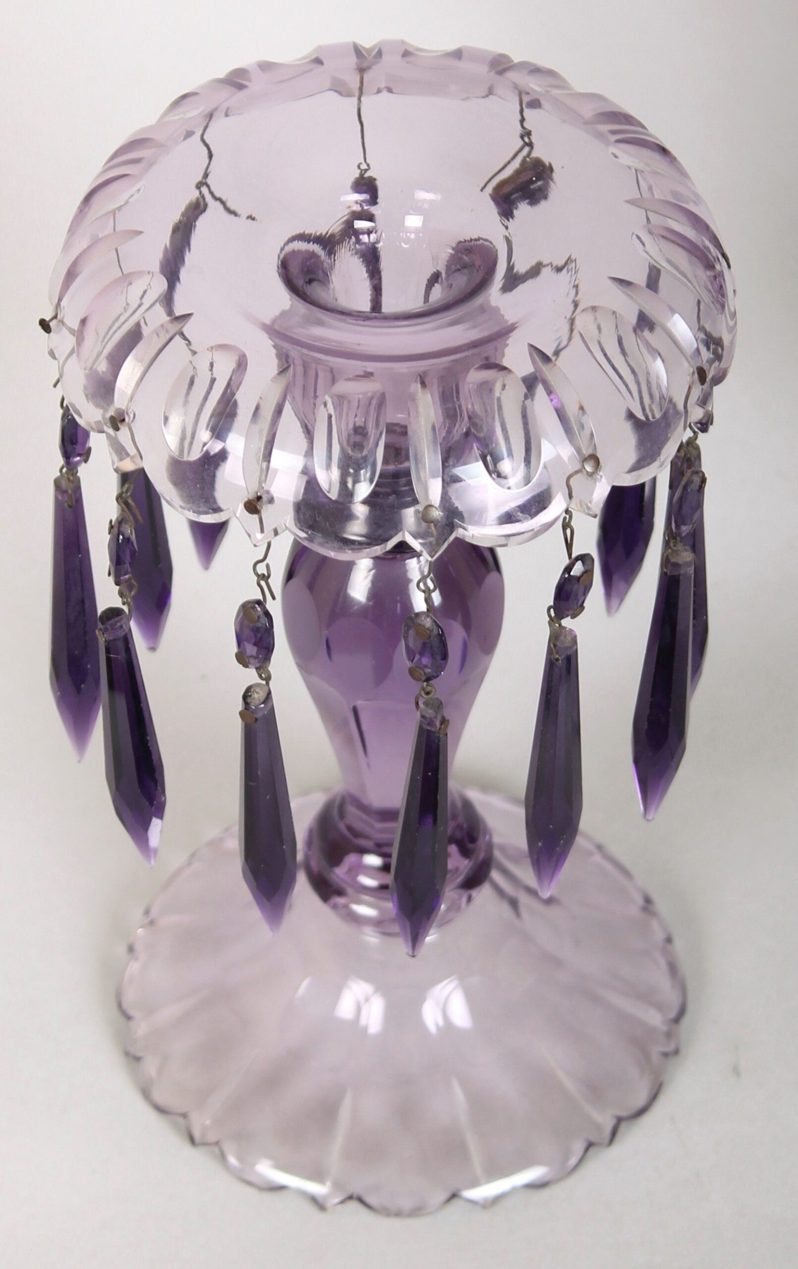 Pair of early Victorian cut-glass lustred candlesticks