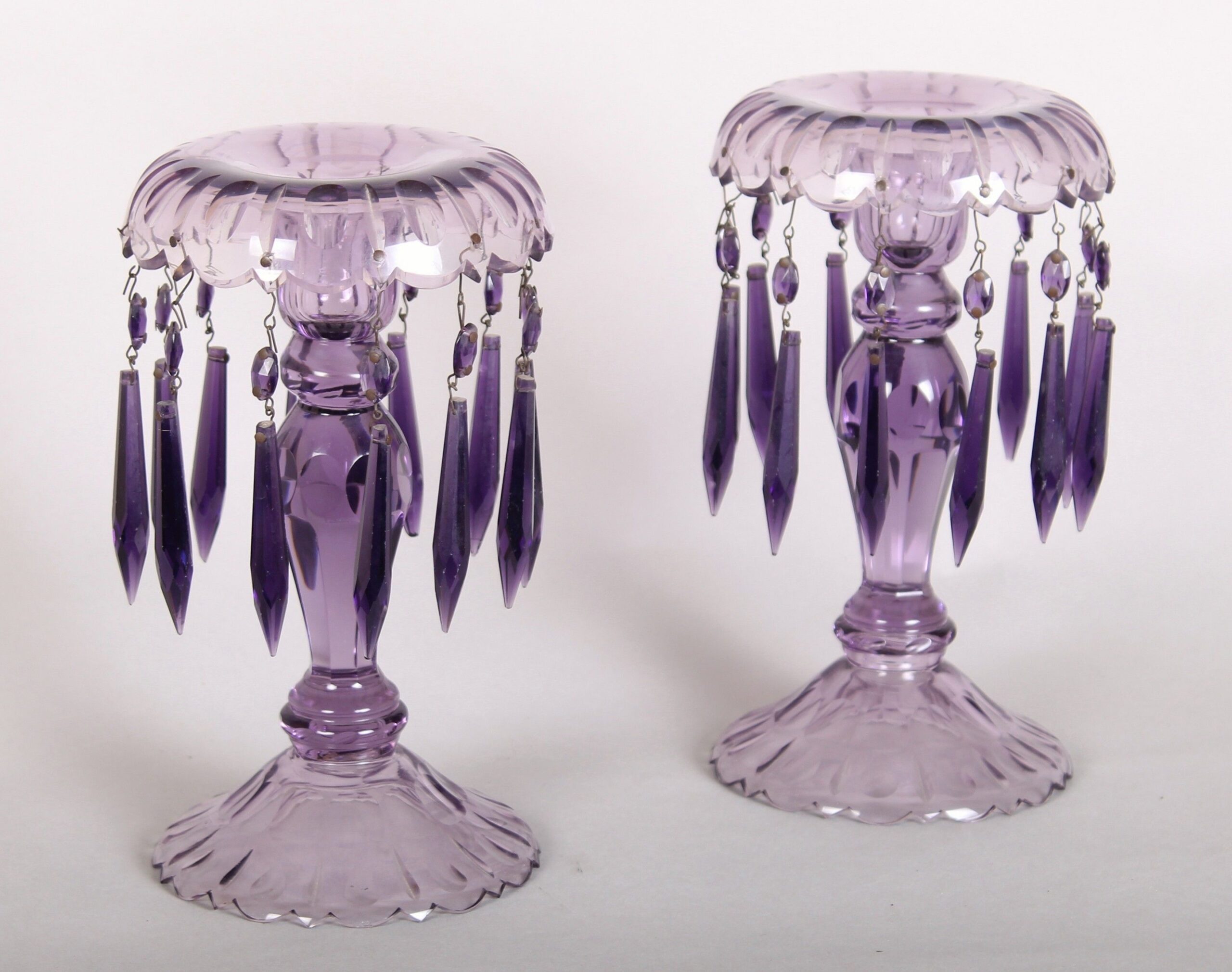 Pair of early Victorian cut-glass lustred candlesticks