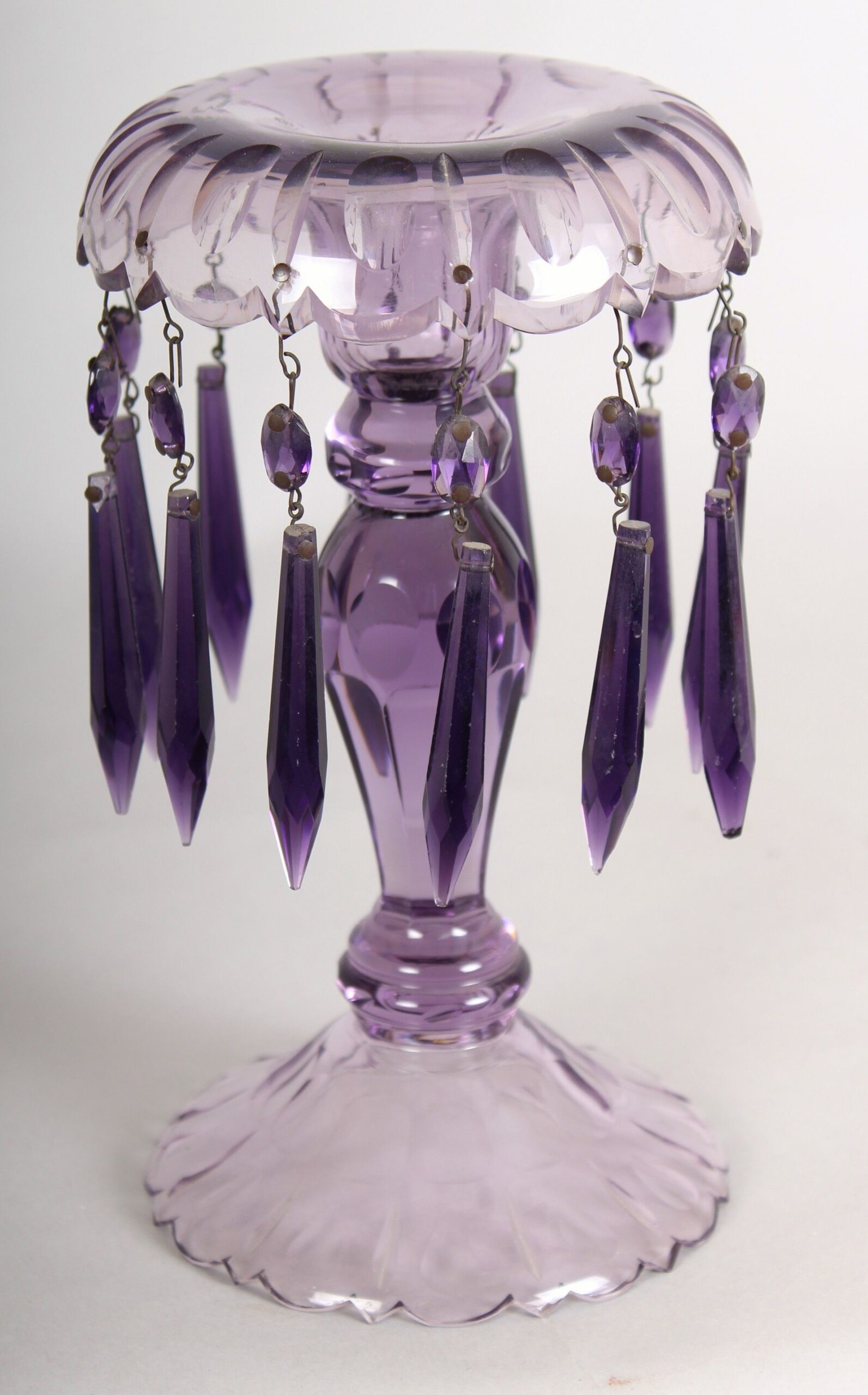 Pair of early Victorian cut-glass lustred candlesticks