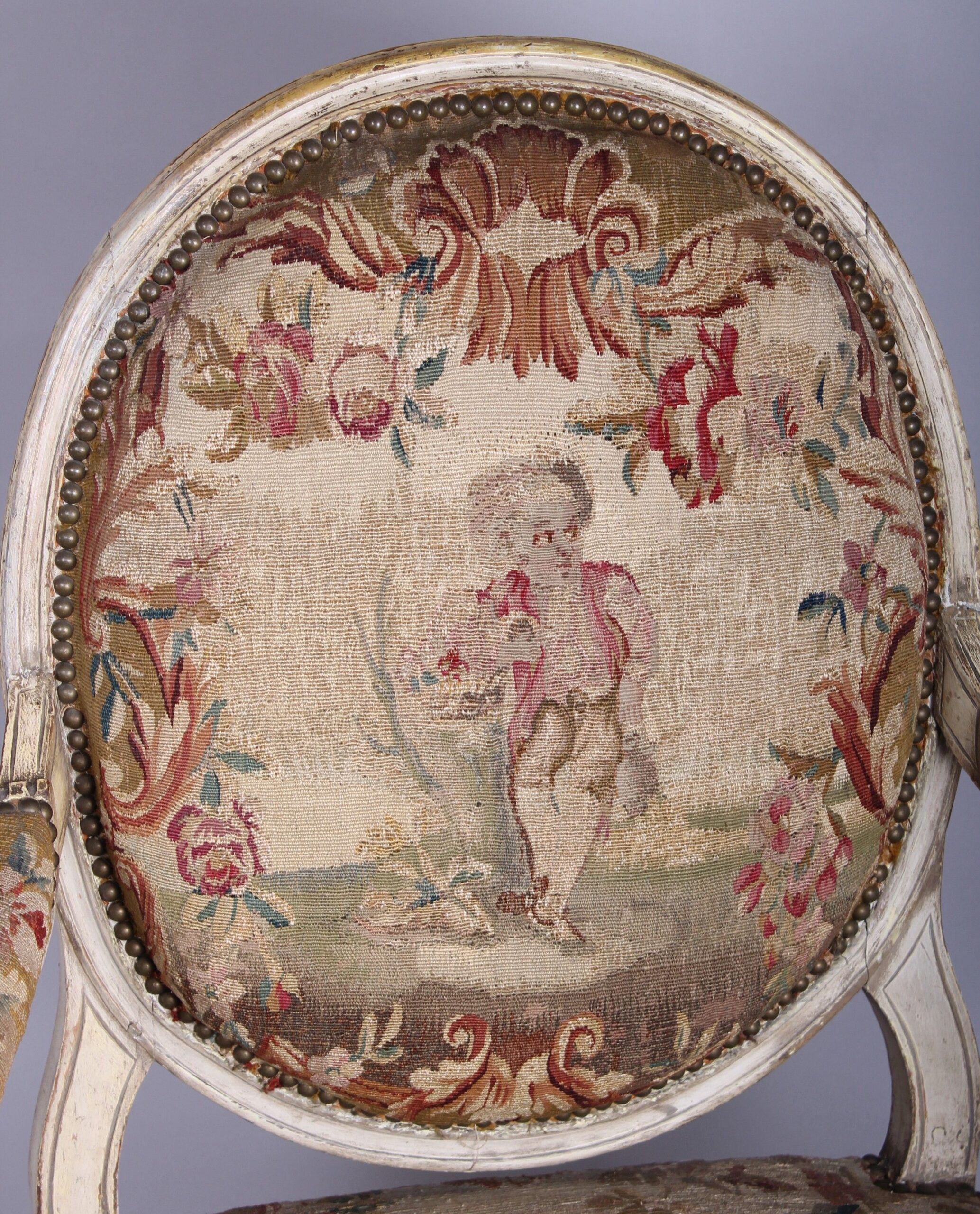 Pair of Louis XVI period white and gold painted fauteuils with Aubusson tapestry covers