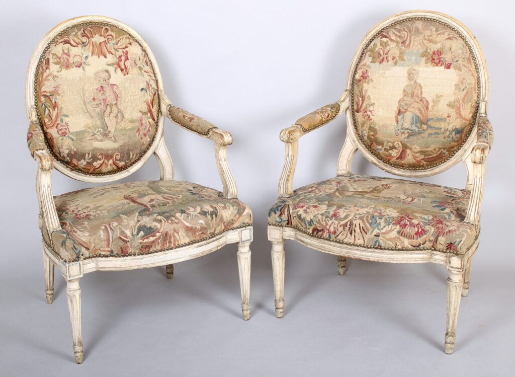 Pair of Louis XVI period white and gold painted fauteuils with Aubusson tapestry covers