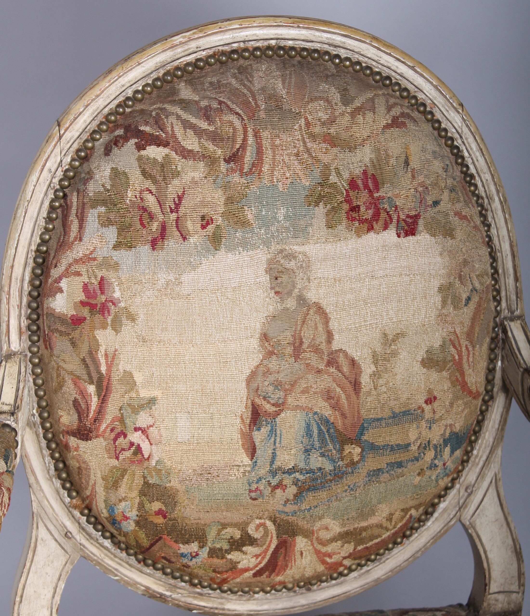 Pair of Louis XVI period white and gold painted fauteuils with Aubusson tapestry covers