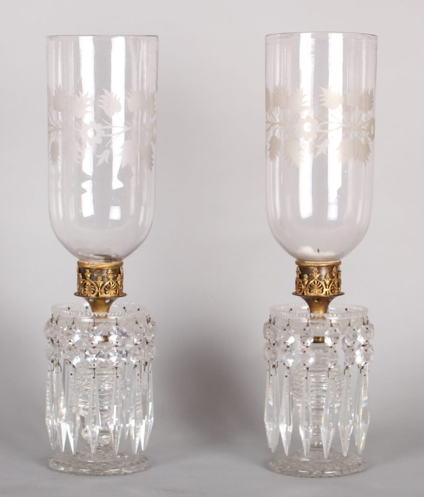 Pair of early 19th century cut-glass table lights with storm-shades