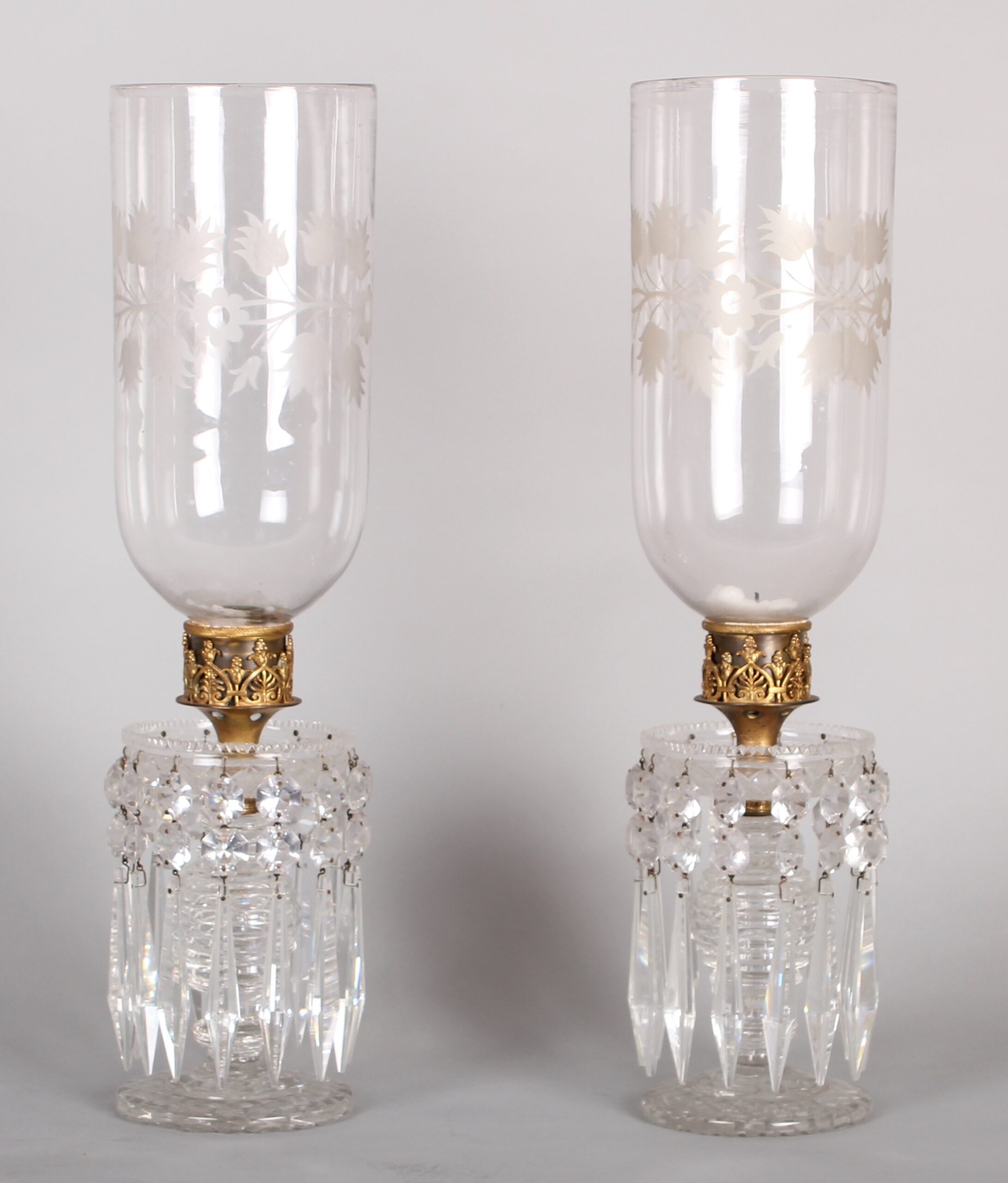 Pair of early 19th century cut-glass table lights with storm-shades