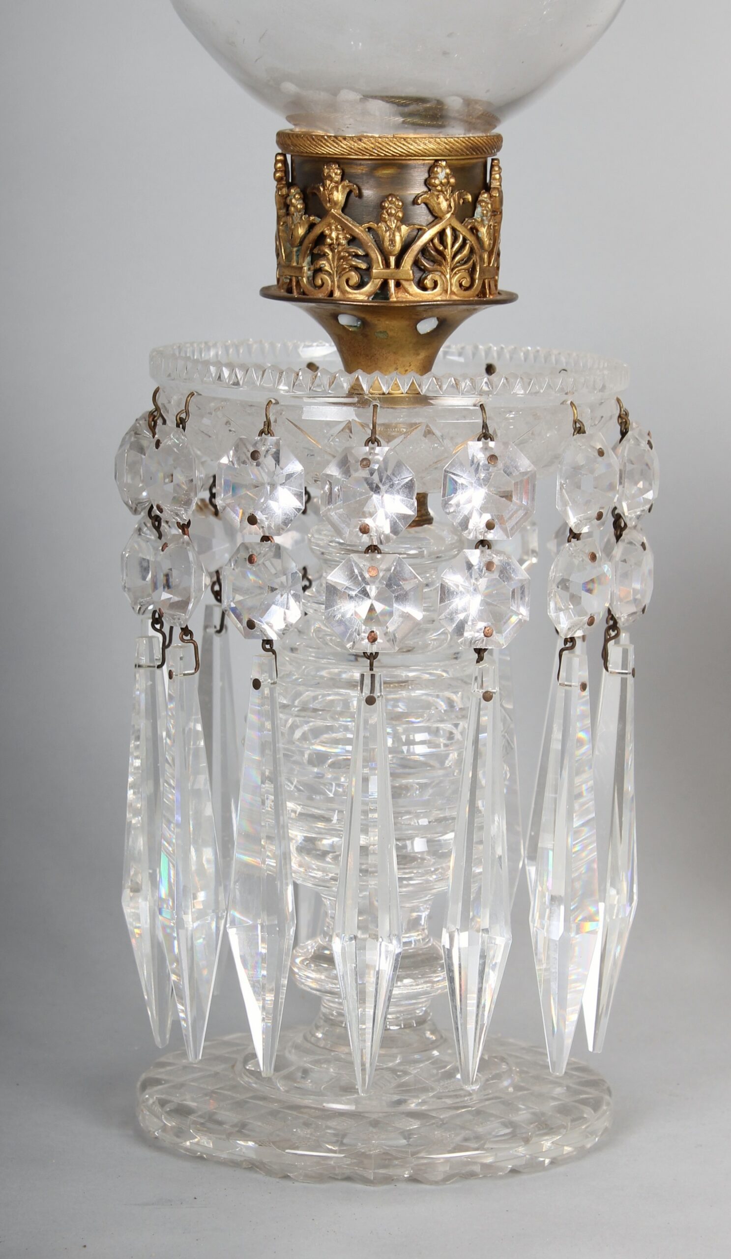 Pair of early 19th century cut-glass table lights with storm-shades