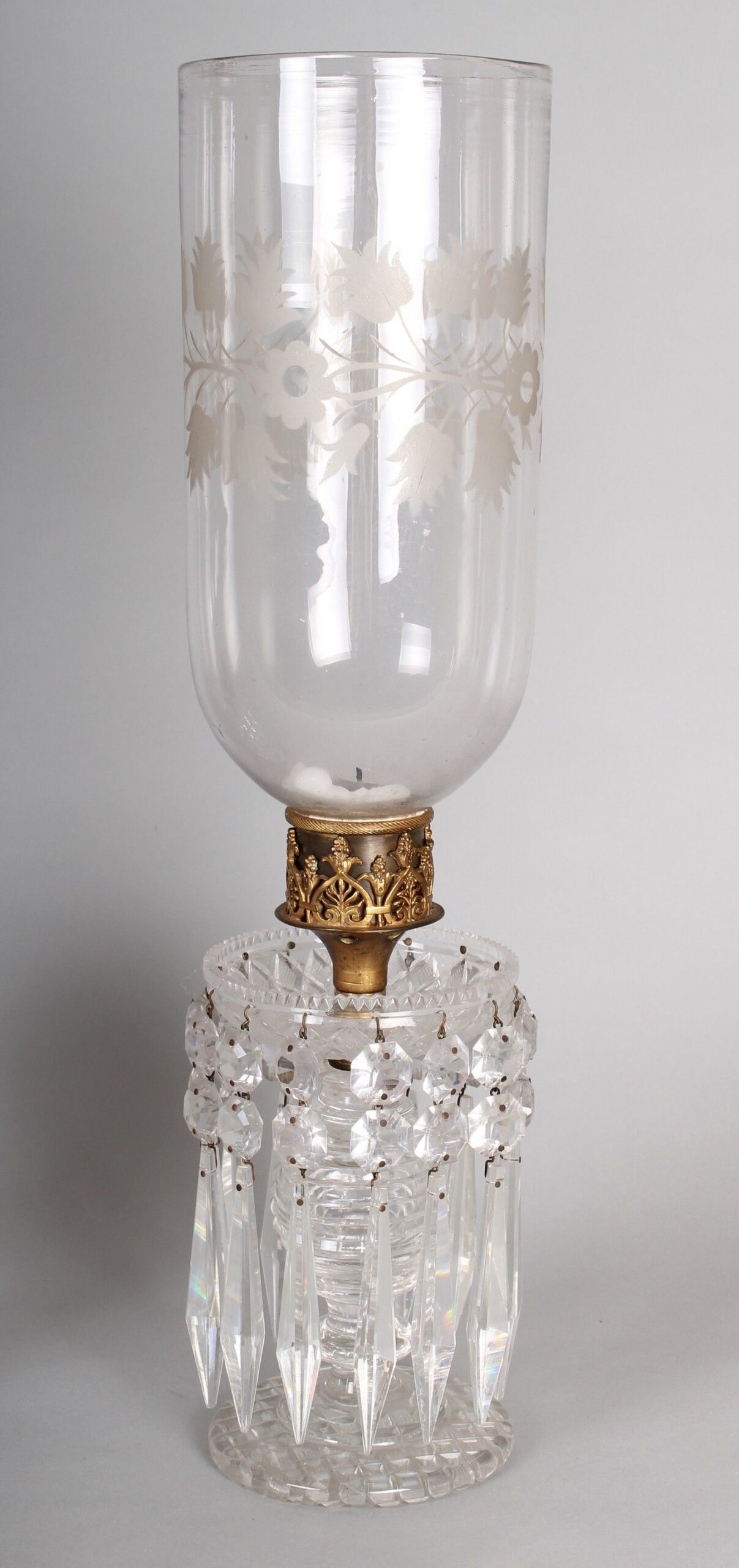 Pair of early 19th century cut-glass table lights with storm-shades