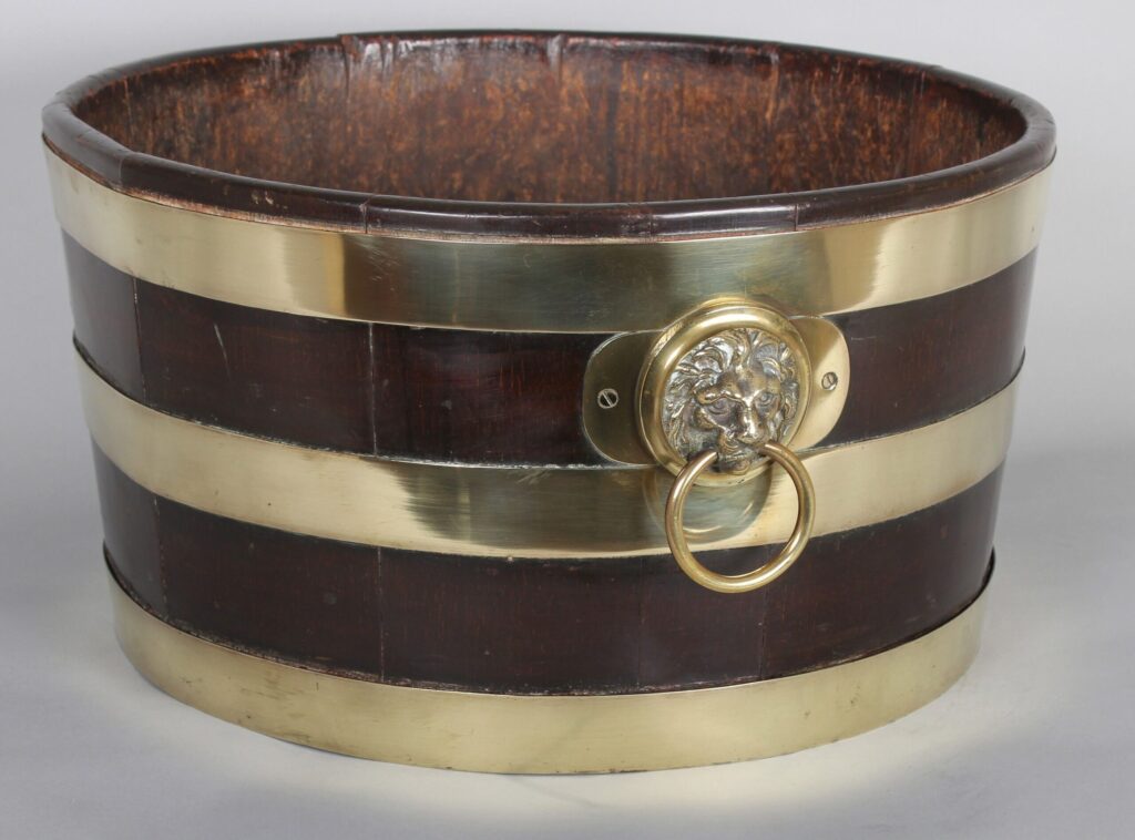George III period mahogany and brass-banded circular wine-cooler
