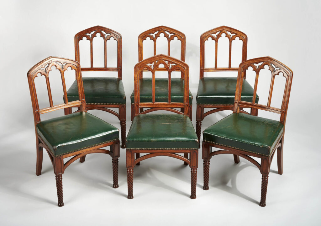Fine and rare set of six Regency mahogany chairs in the Gothic taste