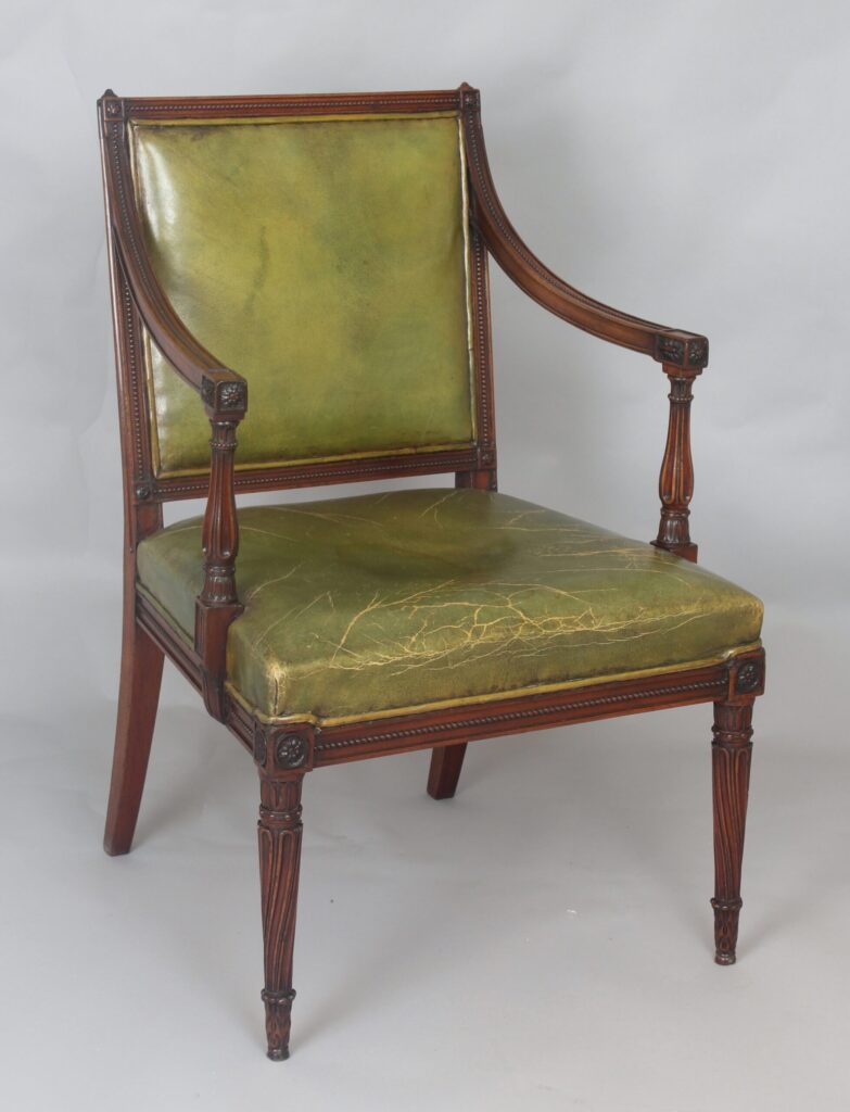 Very fine George III period mahogany open arm chair