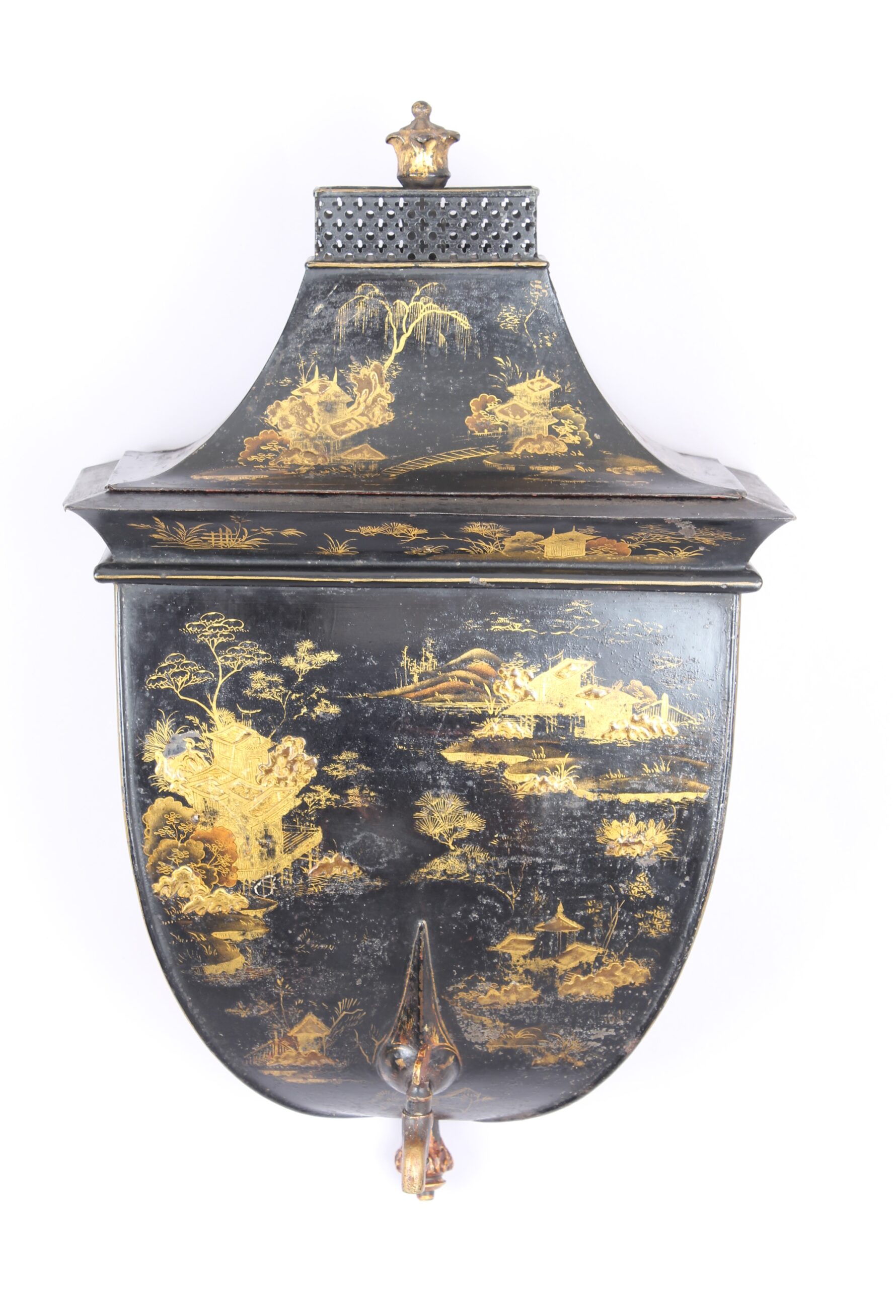 Fine and rare George III period Pontypool Japanned (tole) wall cistern
