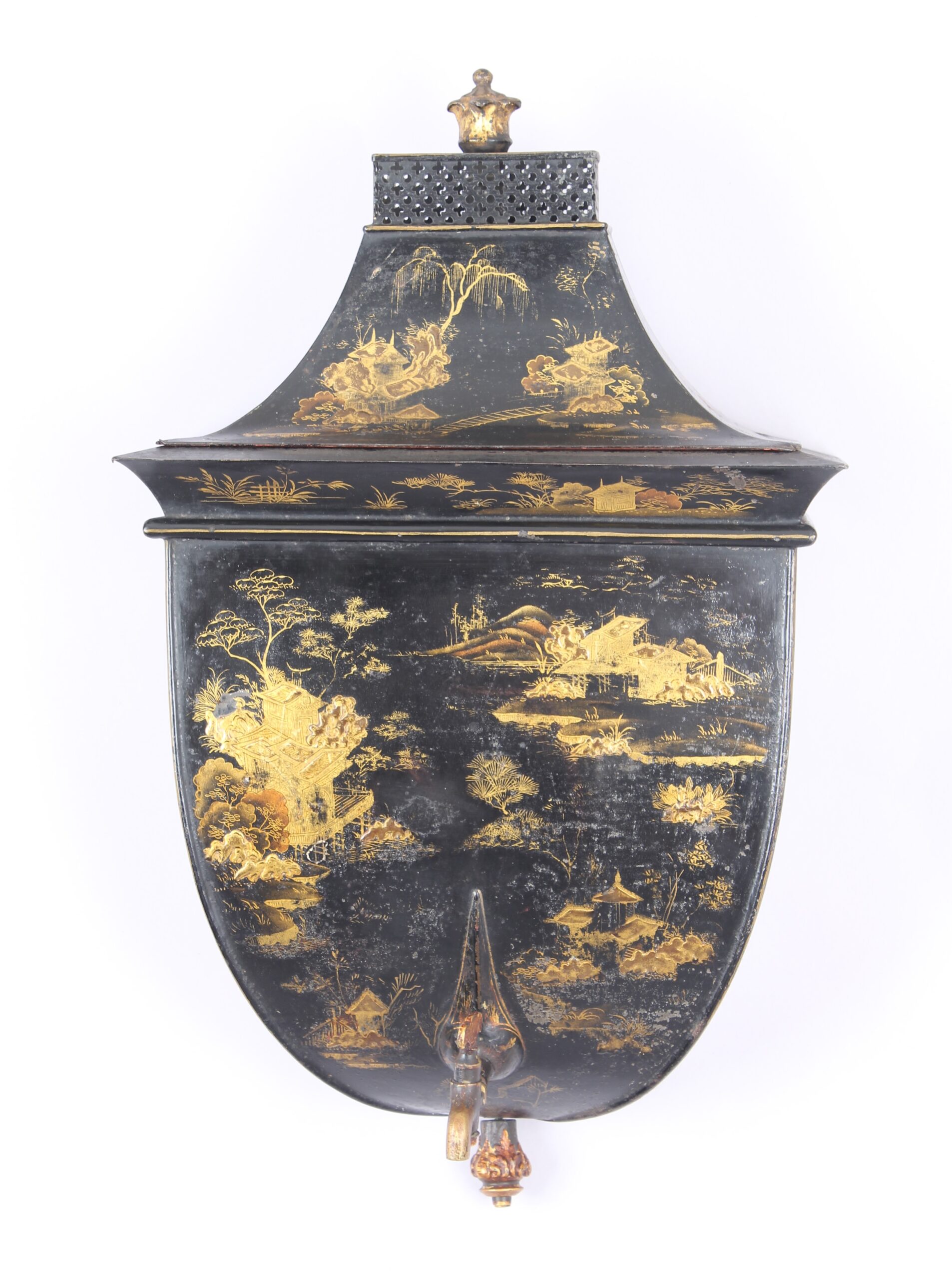 Fine and rare George III period Pontypool Japanned (tole) wall cistern