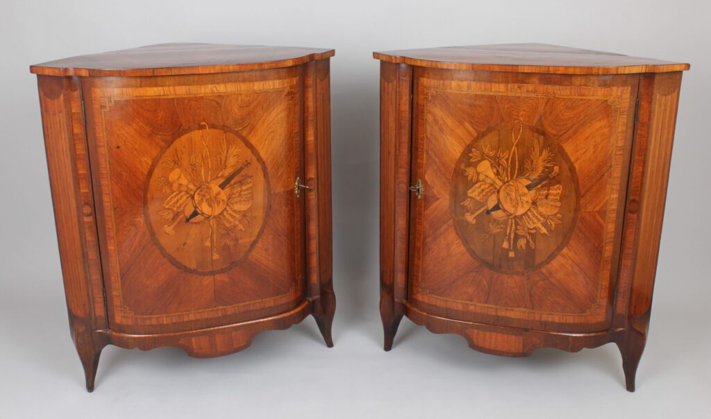Rare pair of late eighteenth century Dutch kingwood and marquetry corner-cupboards