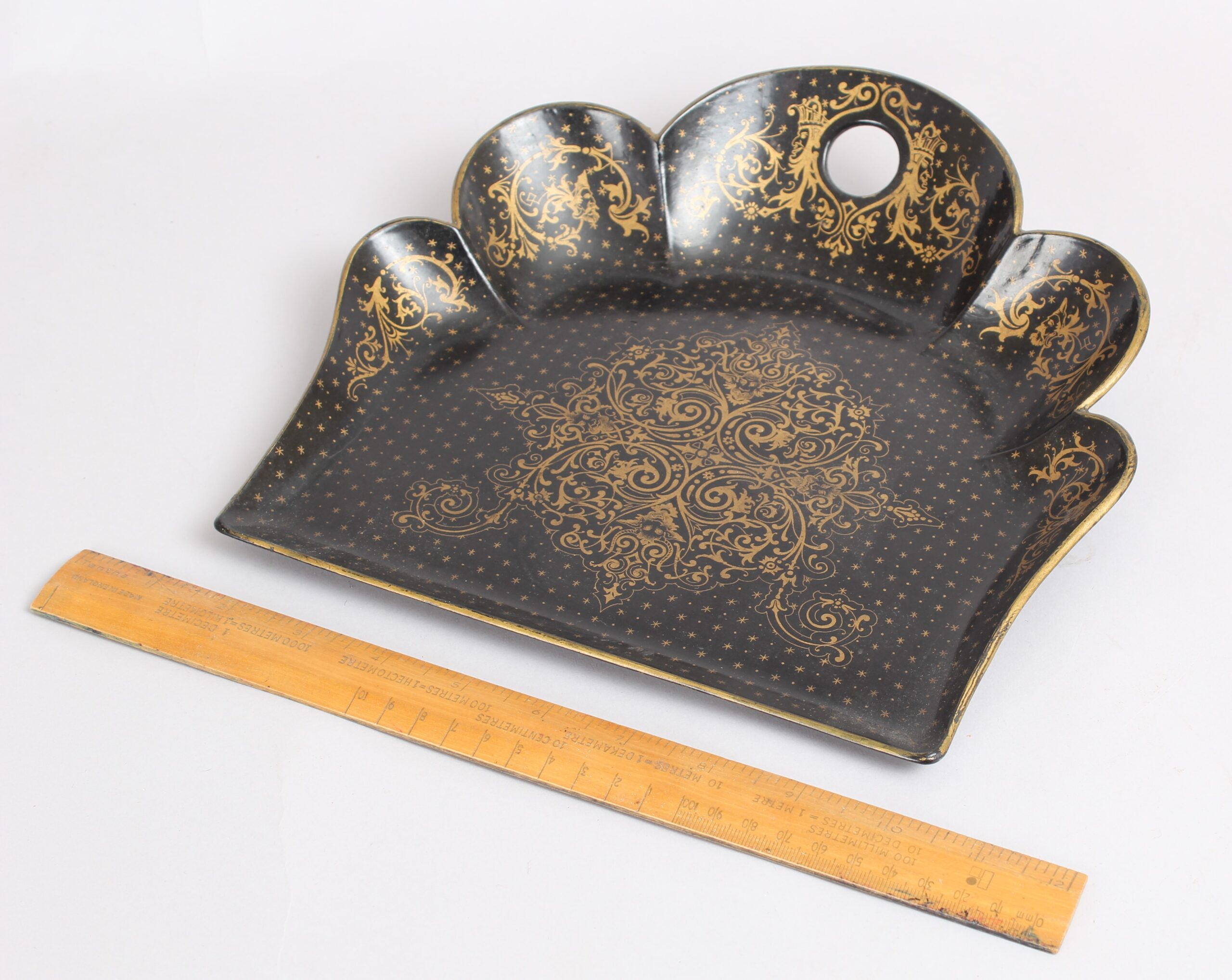 Victorian black and gilt papier-mache crumb-tray