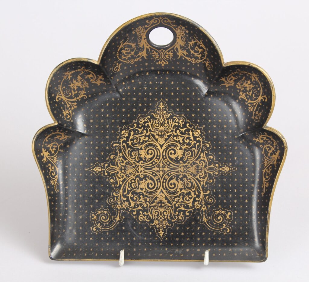 Victorian black and gilt papier-mache crumb-tray