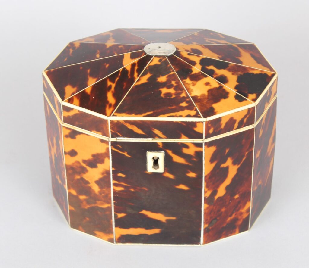 George III period decagonal tortoiseshell tea caddy