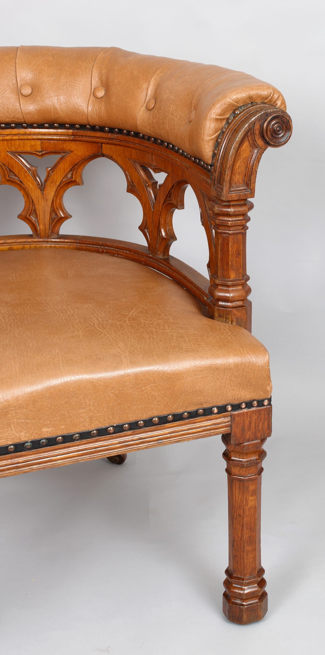 Impressive Victorian golden oak tub armchair in the Gothic Revival manner
