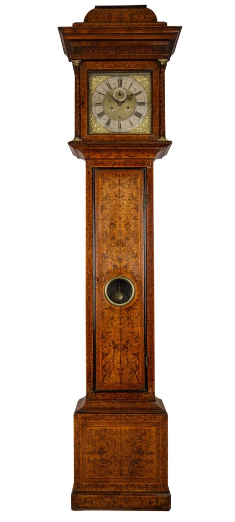 Queen Anne period walnut and seaweed marquetry long-case clock