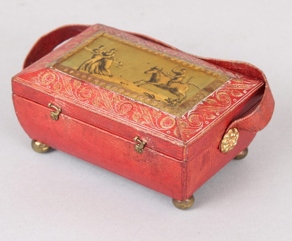 Regency red leather & gilt miniature work-box