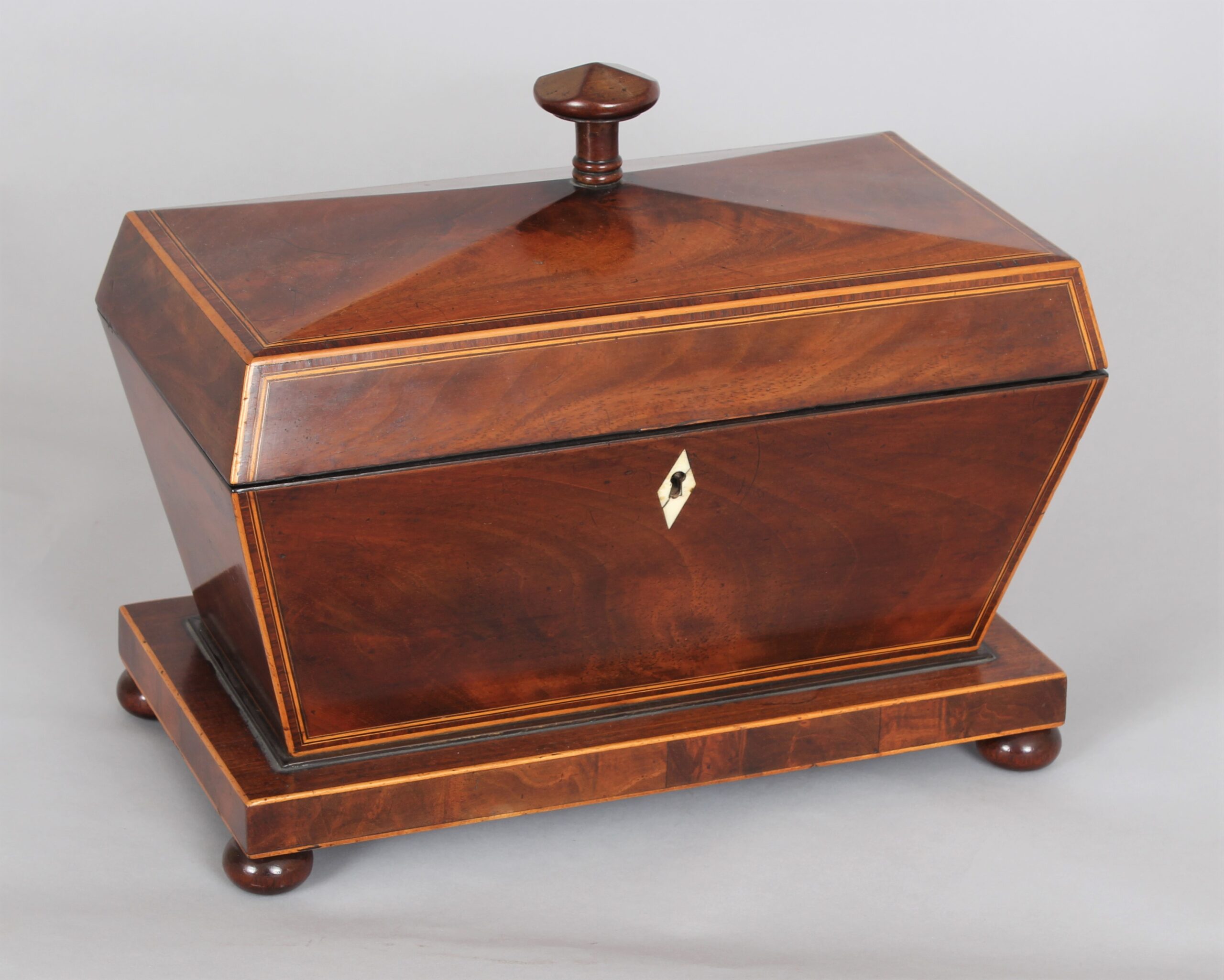 A bold mahogany sarcophagus shaped tea caddy