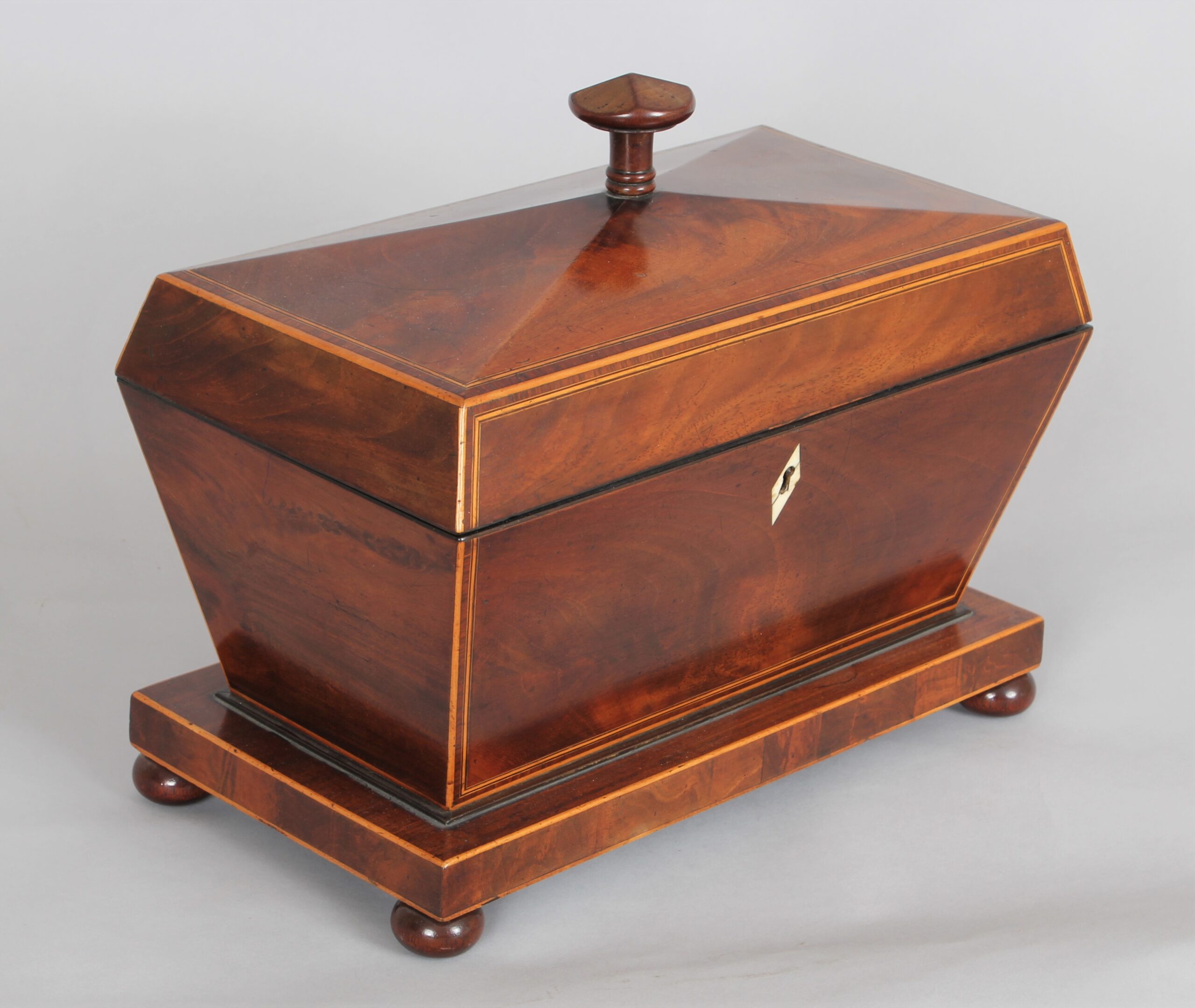 A bold mahogany sarcophagus shaped tea caddy