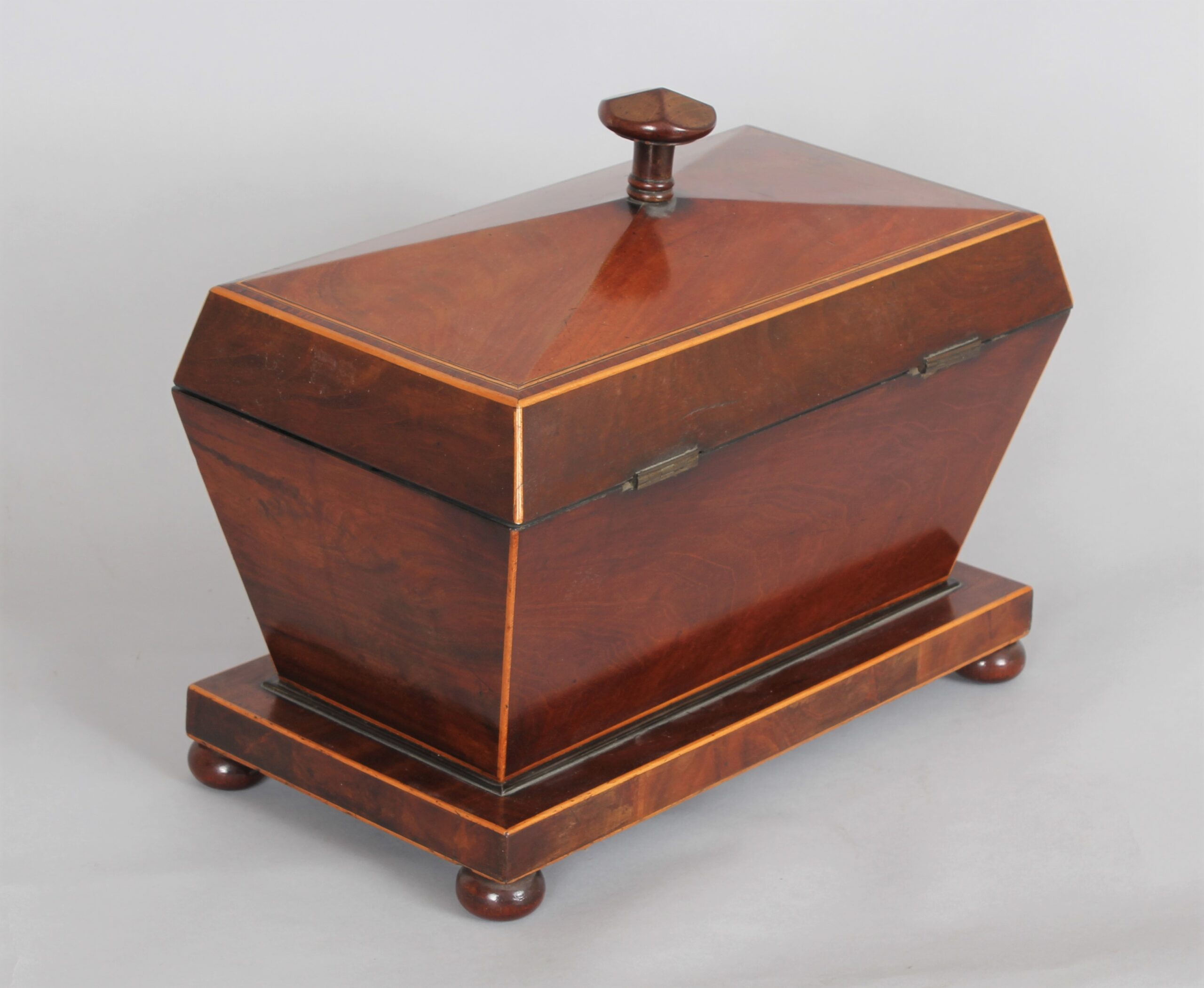 A bold mahogany sarcophagus shaped tea caddy