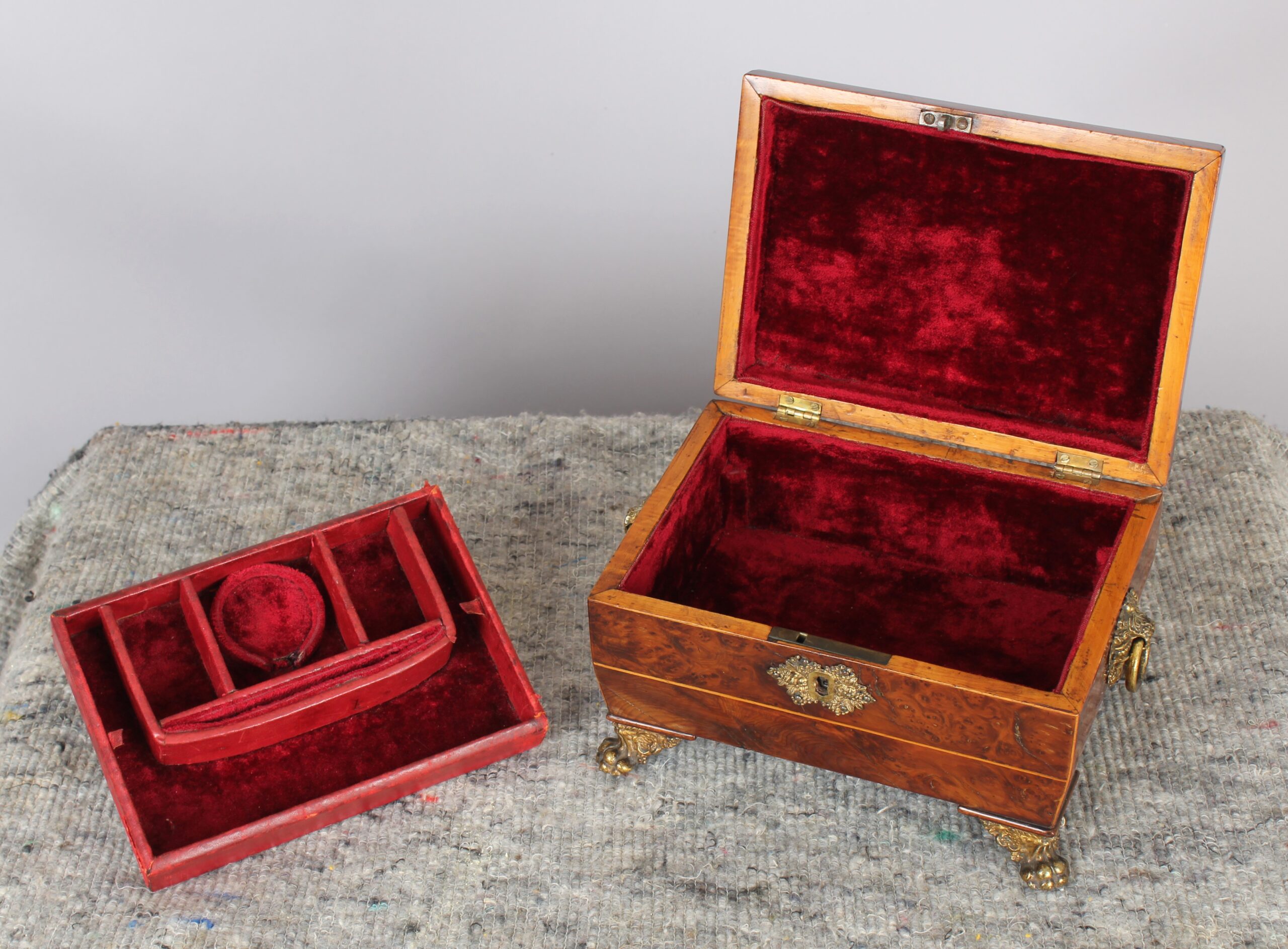 Burr yew fitted jewellery box