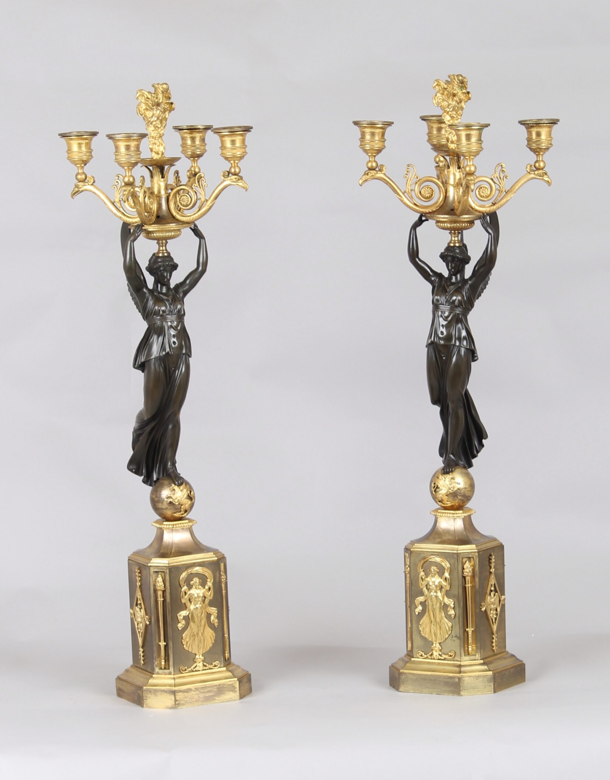 Pair of fine French bronze and ormolu five-light candelabra