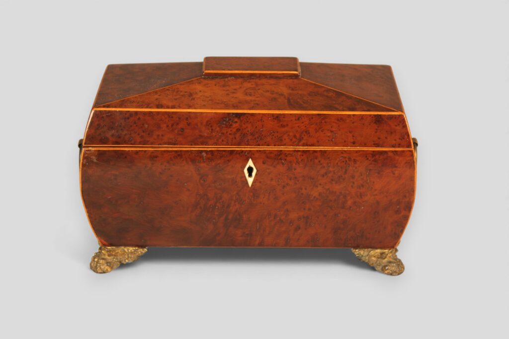 Early 19th century Regency mahogany sarcophagus-shaped tea caddy